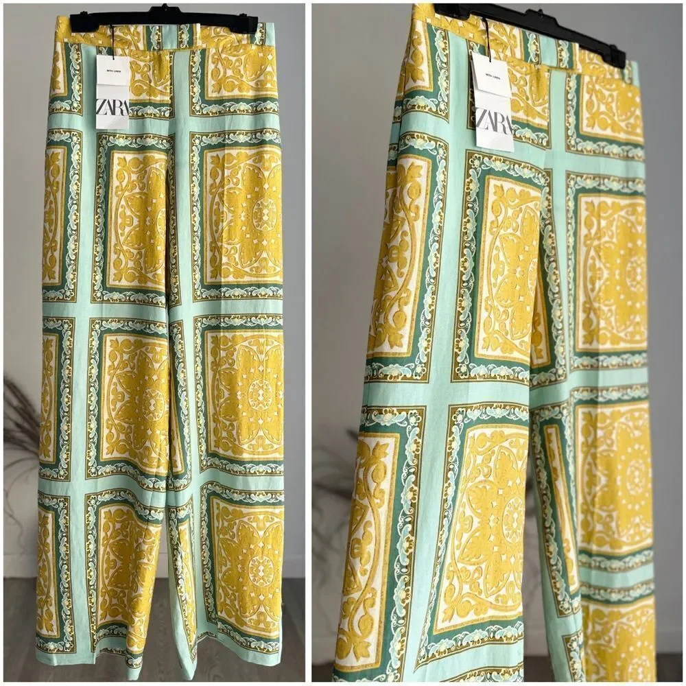 ZARA LINEN BLEND PRINTED PANTS